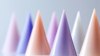 Colorful paper party cones in pastel shades arranged in row on light background for celebration events and festive decorations.