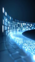 Curved wall of binary code and glowing digital pattern in blue technological environment, representing data flow and digital transformation in modern computing.
