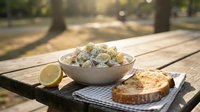 Potato salad in white bowl with fresh lemon and toasted bread on wooden table in sunny park setting, outdoor lunch or picnic food styling.