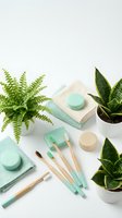 Eco-friendly bathroom accessories with bamboo toothbrushes, natural soap, towels and green plants on white background for sustainable living concepts.