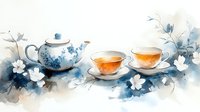 Watercolor tea composition with blue and white porcelain teapot, transparent cups of amber tea, and delicate white flowers on soft blue background.