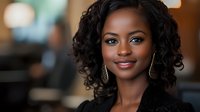 Professional African American businesswoman with curly hair smiling confidently in modern office environment for corporate marketing and career success content.