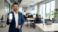 Businessman with dark hair and beard, Middle Eastern ethnicity, wearing navy blazer and white shirt, holding smartphone while smiling in modern office environment with colleagues working at desks.