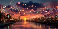 Romantic sunset cityscape with floating heart-shaped bokeh lights over calm river water, perfect for Valentine's Day greeting cards and love-themed designs.