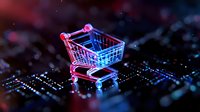 Glowing miniature shopping cart on circuit board with neon pink and blue lighting effects against dark background, representing digital commerce and online retail.
