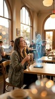 Young woman with glasses enjoying coffee while interacting with holographic AI assistant projection in modern cafe setting with warm lighting and arched windows.