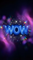 Bright blue neon WOW text with sparkling stars and colorful light effects on dark purple background for promotional designs and social media content.