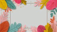 Colorful tropical leaves frame with gold border on light gray background, creating decorative botanical border for invitations or announcements.