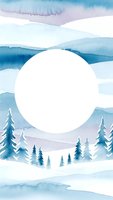 Watercolor winter landscape with white circle frame, snowy mountains and evergreen trees in blue and purple tones for seasonal design projects.