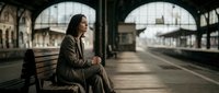 Young woman in olive green coat sitting on wooden bench at vintage train station platform waiting for departure with classic architecture and natural lighting.