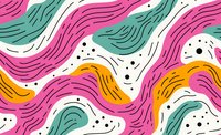 Colorful wavy pattern with pink, green and orange curved lines on white background with scattered dots. Seamless repeat design for fabric and wallpaper projects.