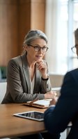 Mature woman with gray hair and glasses wearing beige blazer listens thoughtfully during business meeting at wooden desk with notebook and smartphone.