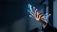 Businessman hand touching holographic digital arrows pointing upward representing growth, success, and business development in modern office environment.