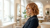 Professional redhead businesswoman in black blazer sitting in modern bright office space with natural lighting and plants in background.