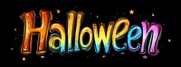 Colorful rainbow gradient Halloween text with glowing effect and sparkly stars on black background, stylized lettering design for seasonal decoration.