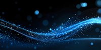 Glowing blue wave with sparkling particles and bokeh effects on dark background creates magical flowing energy stream for abstract designs.