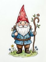 Garden gnome with white beard wearing red pointed hat and blue jacket, holding wooden staff with mushroom, isolated on white background for design projects and merchandise applications.
