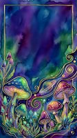 Enchanted forest floor with glowing mushrooms, swirling vines, and mystical flora against vibrant purple and teal watercolor background with gold accents. Fantasy art for posters, book covers, and decorative prints.
