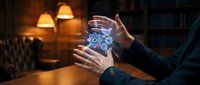 Businessman hands holding holographic gear mechanism with digital interface elements in modern office environment for technology and innovation concepts.