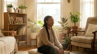 Relaxed woman with long dark hair and medium skin tone sitting on floor in bright, plant-filled living room with wooden shelves, comfortable armchair, and natural sunlight for home decor, wellness, lifestyle content.