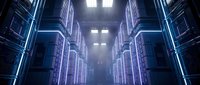 Futuristic data center corridor with glowing blue neon lights and server racks creating atmospheric sci-fi technology environment for digital concepts.