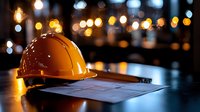 Orange construction hard hat and blueprint plans on dark table with blurred bokeh lights background, representing engineering, architecture and construction planning.