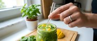Person stirring fresh green smoothie or detox juice in glass jar with straw, healthy beverage preparation at home kitchen counter with fresh ingredients and potted plant visible.