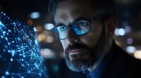 Bearded mature Caucasian man in glasses examining glowing blue digital network visualization, dark background with bokeh lights reflects technology concept.