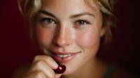 Young blonde Caucasian woman applying red lipstick with brush, natural makeup routine, beauty and cosmetics concept for skincare and personal care.