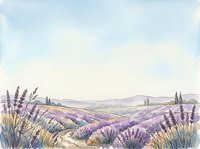 Lavender field landscape with rolling hills, cypress trees, and wildflowers in soft watercolor style. Suitable for travel, home decor, and wellness design projects.