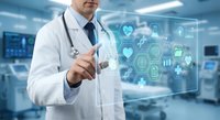 Male doctor in white coat touching futuristic holographic medical interface with healthcare icons in modern hospital technology environment.