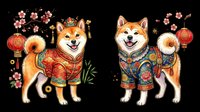 Shiba Inu dogs wearing traditional Asian clothing and festive ornaments, isolated on transparent background. Ready for t-shirt design, clipart, stickers, sublimation, and print-on-demand products.
