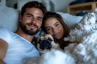Happy couple relaxing in bed with adorable pug dog, cozy bedroom atmosphere perfect for lifestyle and relationship content.