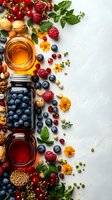 Fresh berries, honey, nuts and edible flowers arranged in border composition with glass jars on white textured background. Food photography layout.