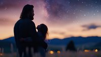 Romantic silhouette of couple embracing against starry twilight sky and mountain landscape, creating dreamy atmosphere with bokeh lights in background.