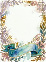Watercolor floral border frame with gold swirls, pastel leaves, and teal ribbon banner, offering blank space for text or design.