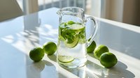 Refreshing glass pitcher of infused water with lime slices and fresh mint leaves on a white marble table in natural sunlight.