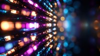 Futuristic digital tunnel with glowing neon lights and bokeh effects creating dynamic perspective for technology and data visualization backgrounds.