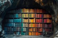 Colorful rainbow bookshelf arranged by spectrum colors inside natural cave or grotto, creating magical library atmosphere for fantasy or education concept.