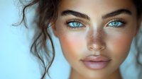 Young woman with striking blue eyes and natural makeup portrait for beauty and skincare concepts.