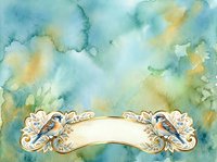 Watercolor sky background with soft blue, green, and golden yellow clouds, featuring ornate decorative banner frame for text overlay, suitable for invitations, greeting cards, and design projects.