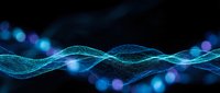 Abstract digital wave pattern with glowing blue particles and bokeh lights on dark background for technology and data visualization concepts.