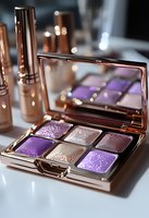 Luxury rose gold eyeshadow palette with purple and nude shimmer shades for glamorous makeup looks and beauty routines.