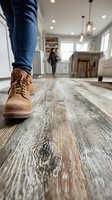Person wearing brown boots and blue jeans walking on rustic wooden flooring in modern kitchen with pendant lights and island counter.