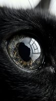 Close-up of black cat eye with golden iris and dilated pupil, surrounded by dark fur. Macro wildlife photography for animal behavior, veterinary, and nature design projects.