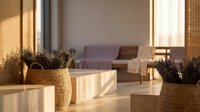 Modern minimalist living room interior with warm sunlight streaming through windows, featuring wicker baskets with dried plants and contemporary furniture.