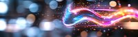 Vibrant glowing wave with colorful light trails and bokeh effects against dark background creates dynamic motion and energy flow for technology designs.