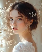 Young Caucasian bride with natural makeup, loose updo hairstyle and baby's breath flowers in her hair poses in white lace wedding dress against soft bokeh background.
