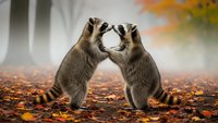Two adorable raccoons standing on hind legs touching paws in romantic gesture among colorful autumn leaves in misty forest setting for wildlife photography.