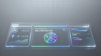 Futuristic holographic dashboard displaying financial data with glowing charts, cryptocurrency wallet balance of 2.3 million dollars, and digital analytics panels for investment tracking and portfolio management.